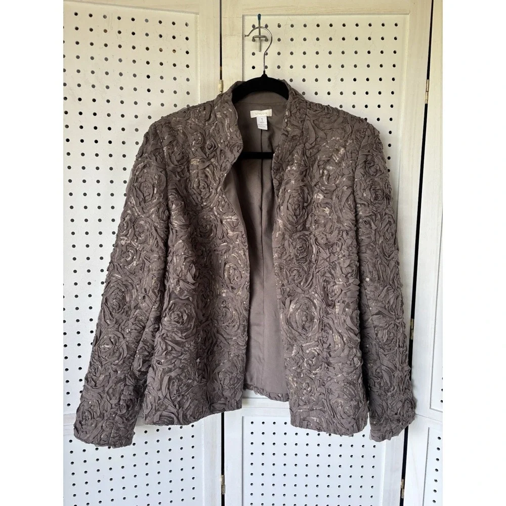 Chico's Embellished‎ Sequin Blazer Brown Taupe Open Front Size 1 (M 8/10)